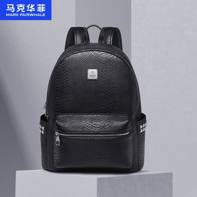 13784408.马克华菲男士双肩包经典蛇皮纹商务休闲电脑背包潮流大容量通勤出差旅行背包
