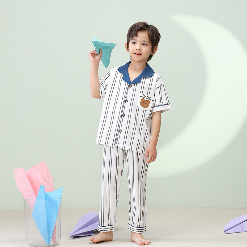 12097219.彩桥男童睡衣夏季薄款开衫翻领短袖长裤套装中大童学生竖条纹居家服