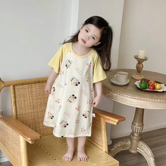 12097057.儿童短袖睡裙女童圆领卡通印花睡衣学生居家裙夏季薄款家居裙子