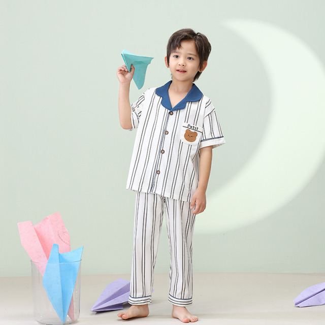 12097219.彩桥男童睡衣夏季薄款开衫翻领短袖长裤套装中大童学生竖条纹居家服