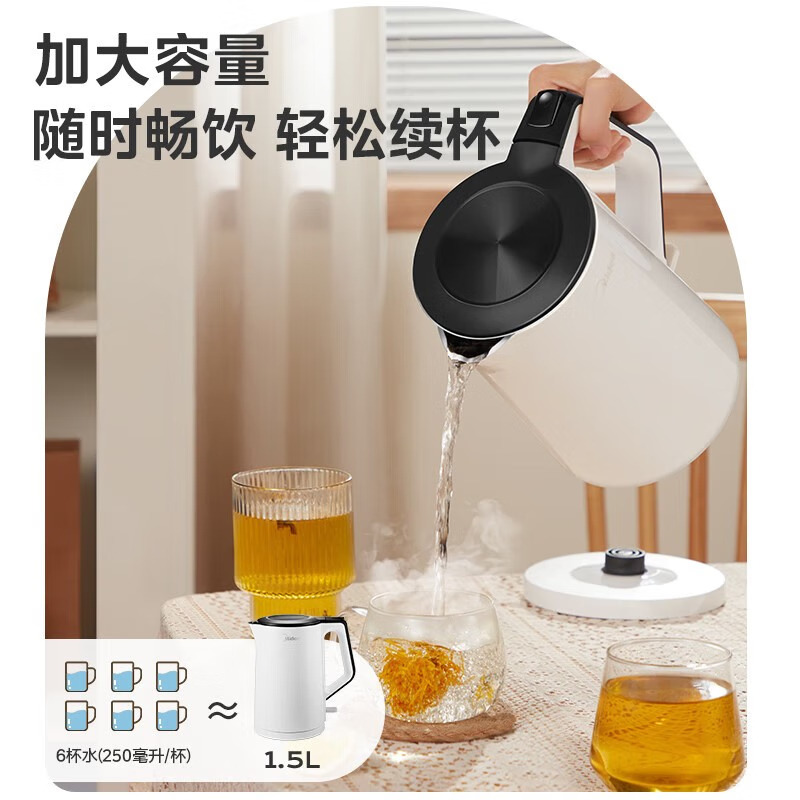 11158991.美的烧水壶电水壶1.5L热水壶316不锈钢内胆双层防烫壶体家用开水壶【特价】