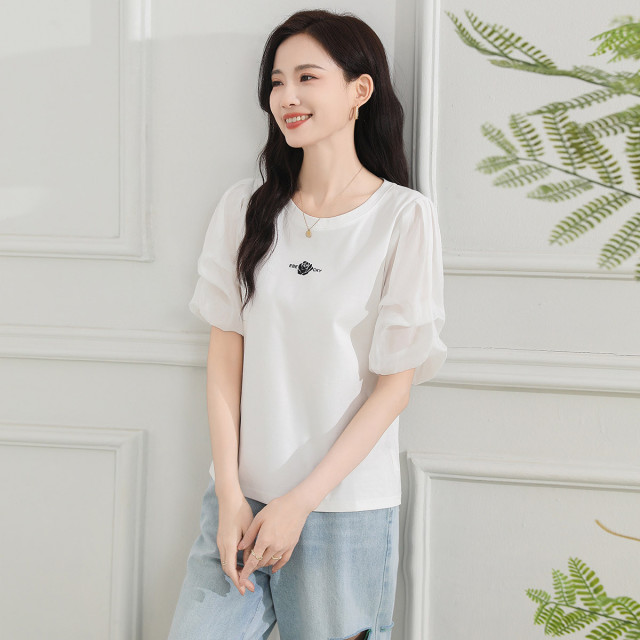 13445967.【专柜同款】T恤夏季圆领拼接纯色百搭棉质休闲女式上衣
