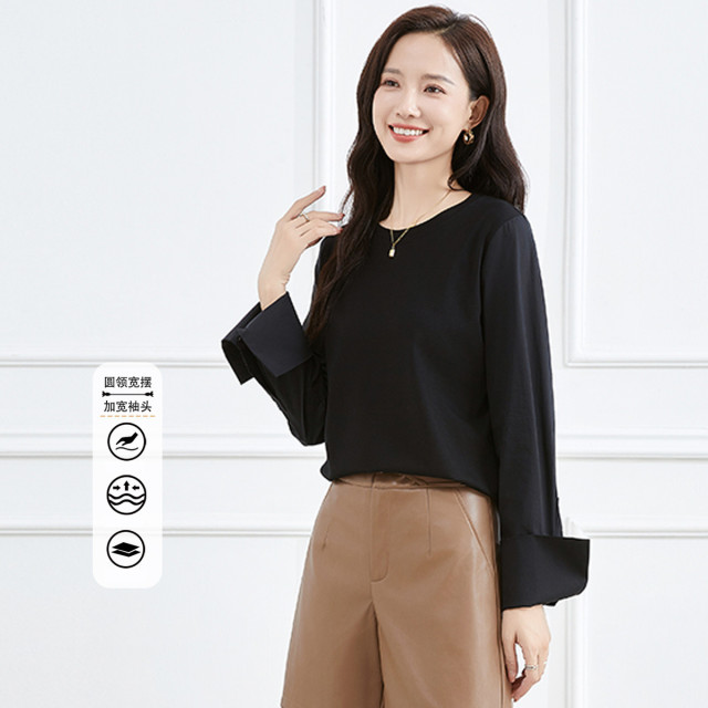 12431194.【专柜新品】【圆领打底衫】拼接衬衫袖纯色百搭高弹宽松上衣
