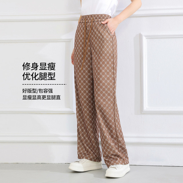 13521608.【撞色花纹阔腿裤】夏季松紧腰显瘦女式休闲裤