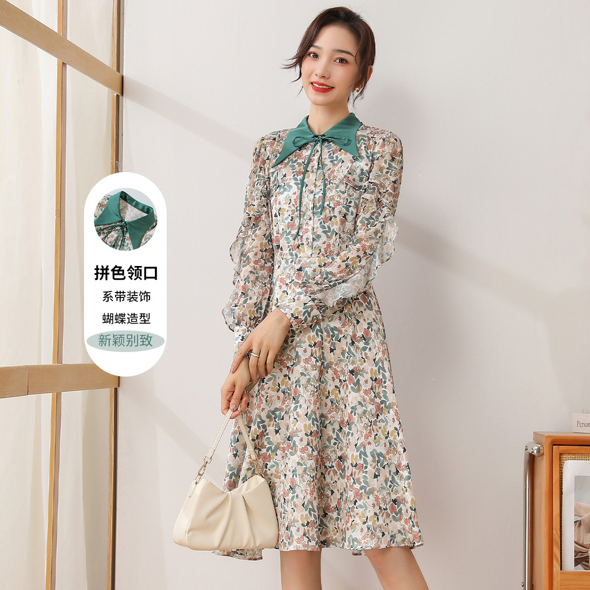 11096685.【清仓特卖】【碎花连衣裙】拼接翻领显瘦通勤百搭长裙女撞色