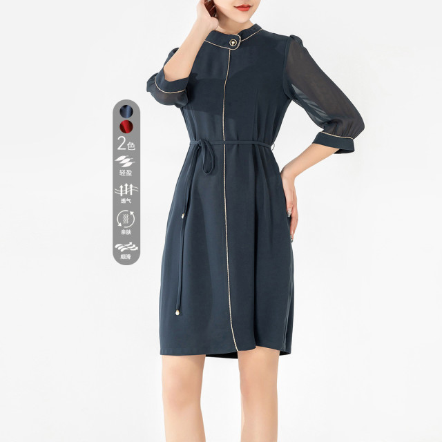 11103229.【清仓特卖】夏新品收腰雪纺中袖连衣裙女金边拼接时尚大气优雅中长裙