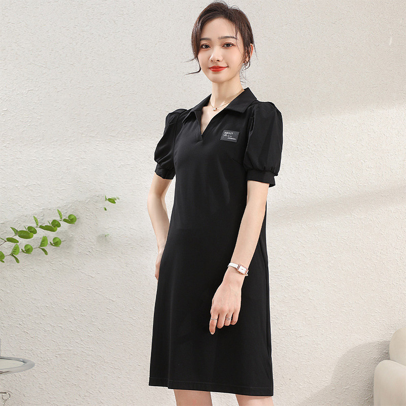 11798299.【清仓特卖】【POLO裙】夏季纯色翻领显瘦泡泡袖中长款连衣裙女