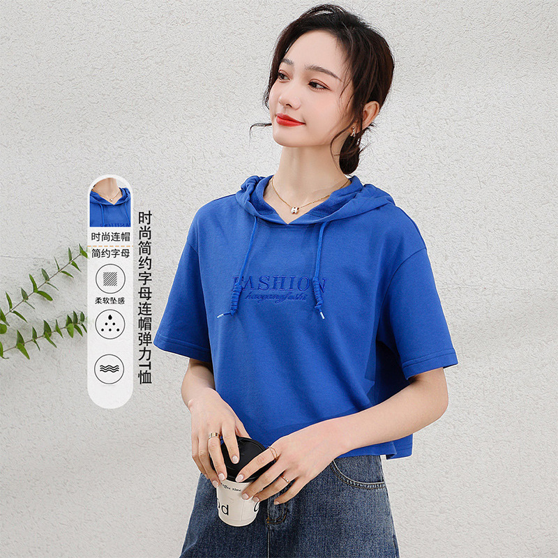11799183.【清仓特卖】【连帽短袖T恤】夏季女士时尚简约字母休闲套头短款上衣