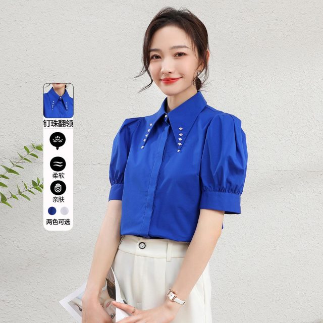 11941253.【清仓特卖】【泡泡袖衬衫】夏季时尚纯色尖领重工钉珠短袖衬衣女