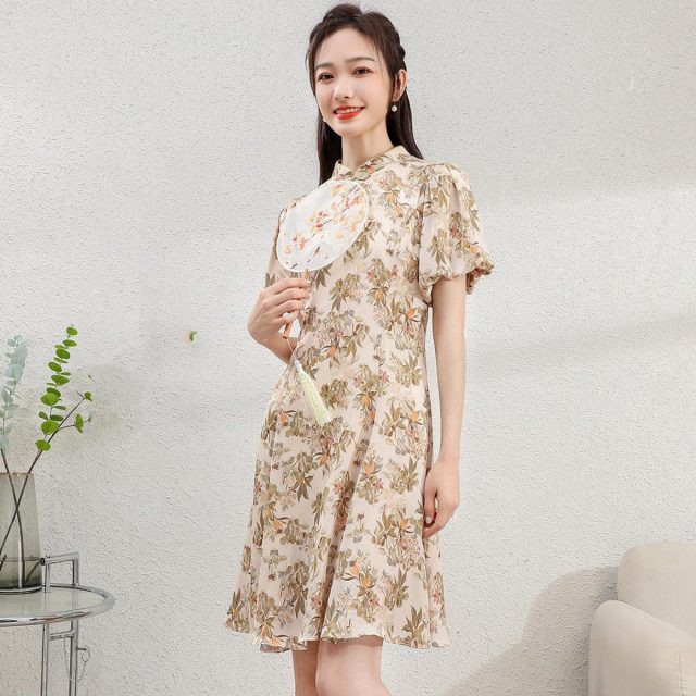 11940043.【清仓特卖】【改良旗袍】夏季立领收腰显瘦泡泡袖连衣裙印花A字裙女