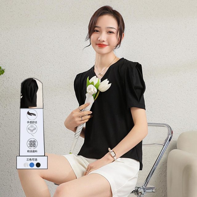 11940941.【清仓特卖】【棉T】夏季V领时尚百搭纯色泡泡袖上衣薄款减龄短袖女