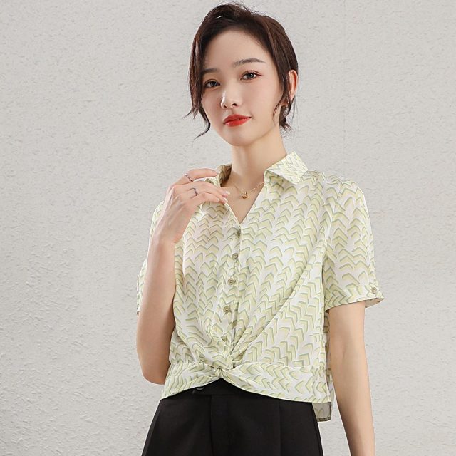 11934477.【清仓特卖】【印花雪纺衫】小个子短款套头衫夏季时尚百搭薄款衬衫女