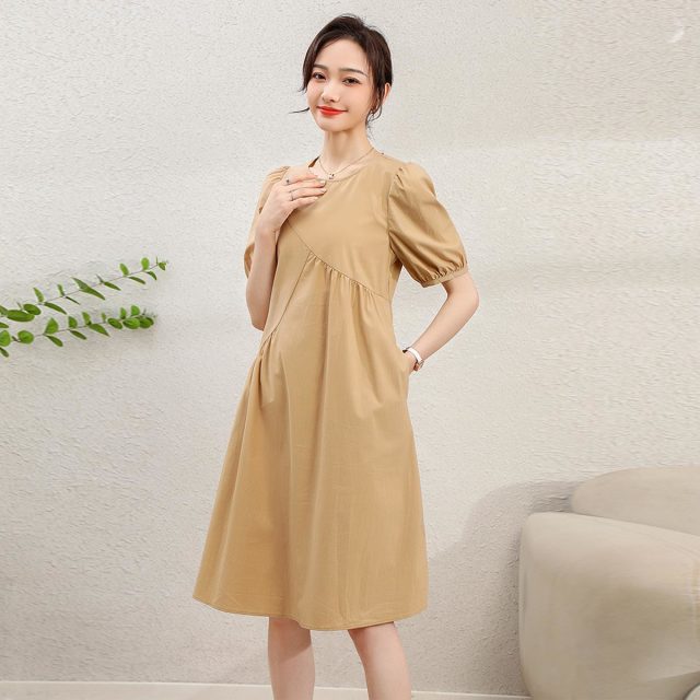 11934421.【清仓售罄不补】【连衣裙】夏季泡泡袖圆领收褶宽松显瘦舒适纯色长裙女