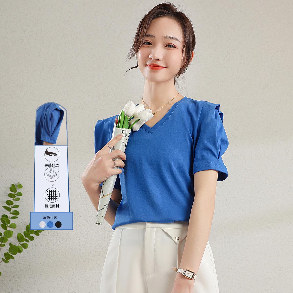 11940941.【清仓特卖】【棉T】夏季V领时尚百搭纯色泡泡袖上衣薄款减龄短袖女