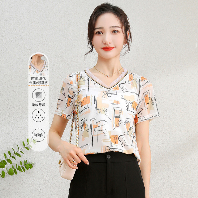 11978750.【清仓特卖】【通勤短袖衬衫】夏季时尚印花气质V领垂感T恤
