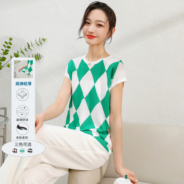 11978779.【清仓特卖】【撞色菱格】夏季连袖套头衫时尚高弹薄款针织衫