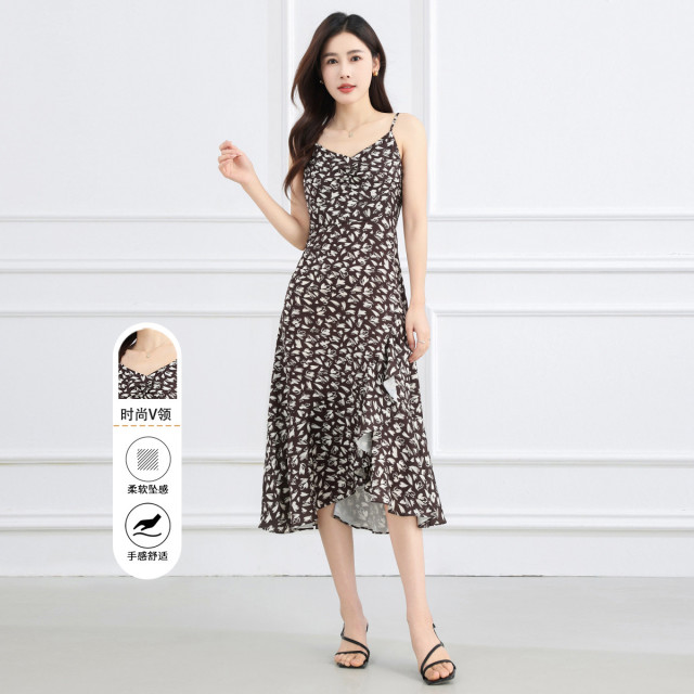13446000.【专柜同款】印花连衣裙夏季显瘦V领气质时尚吊带裙子女