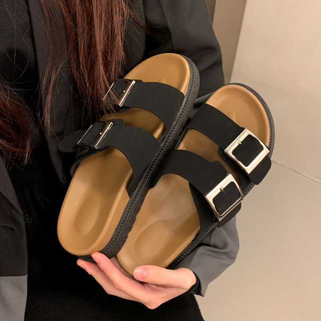 12322568.【一年穿三季 简单百搭】夏季新款复古简约拖鞋厚底双扣带勃肯拖鞋女凉拖外穿