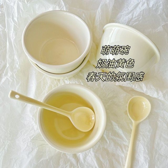 13324179.【四件套】奶fufu陶瓷碗勺套装奶油可爱家用米饭碗儿童餐具可爱风