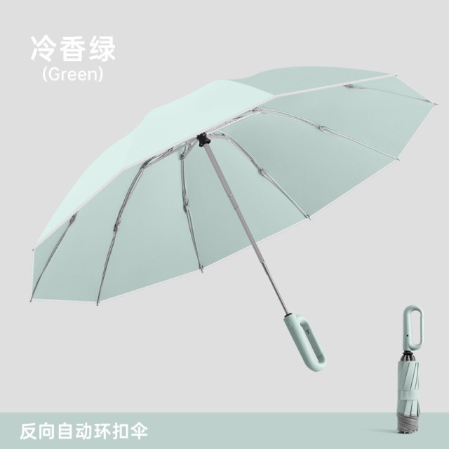 13670866.环扣纯色商务全自动雨伞大号加固耐用雨伞防风自动伞晴雨两用遮掩伞