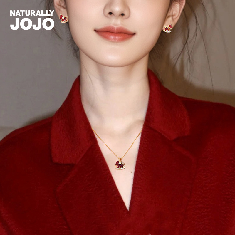 12873283.红色小马造型项链女精致项链耳钉新中式本命年首饰