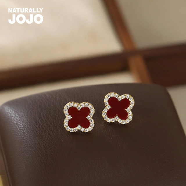 13134445.小巧精致红色黑色镶锆石四叶草耳钉简约大气日常百搭耳环轻奢小众耳饰