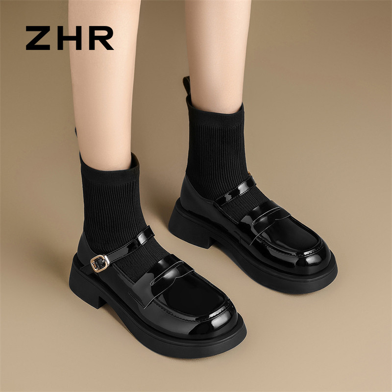 12734314.【ZHR则则】袜靴[短绒]圆头套脚厚底女鞋[哑光黑/棕色：超纤+飞织布，镜面黑：PU+飞织布]
