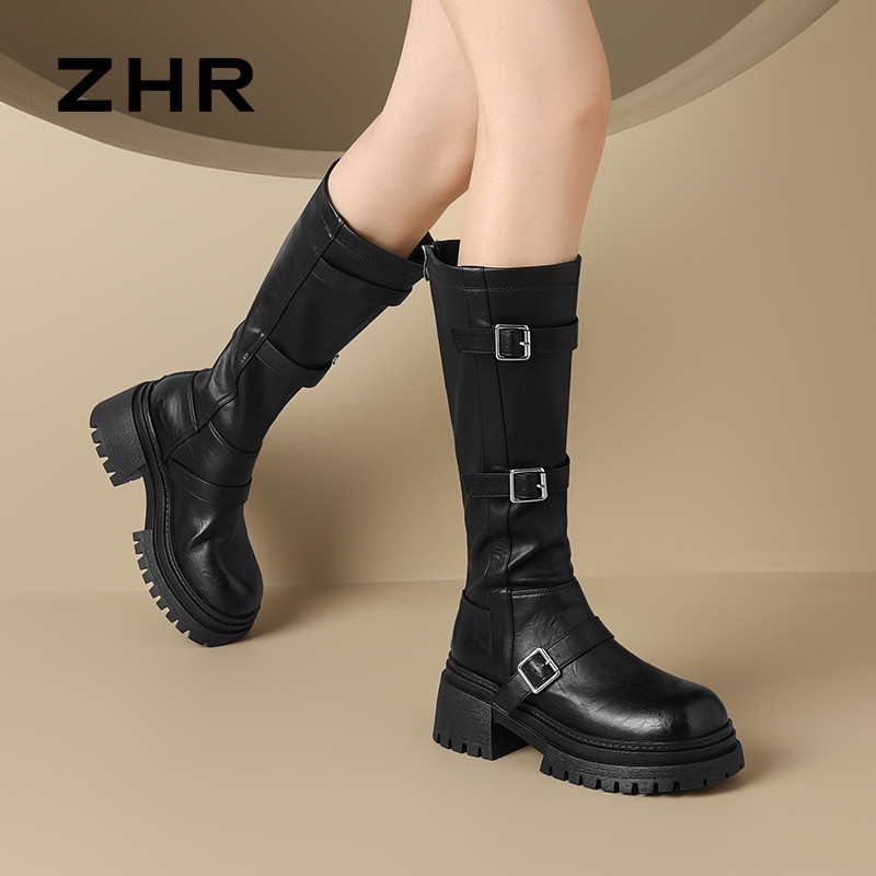13796929.【ZHR则则】长筒靴[短绒]圆头后拉链搭扣中跟女鞋[PU]