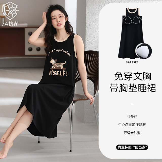 13659257.派邦奴带胸垫透气纯棉无袖长款印花居家睡裙女夏季fd