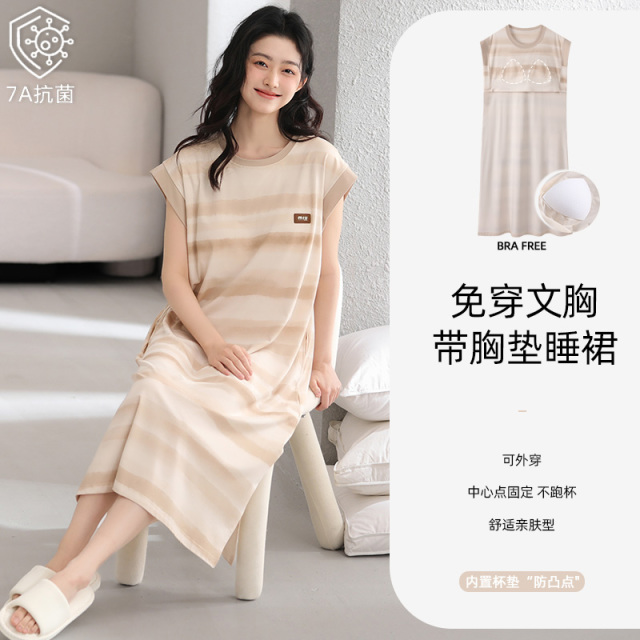 13659255.派邦奴带胸垫时尚纯棉无袖凉快长款睡裙夏季fd