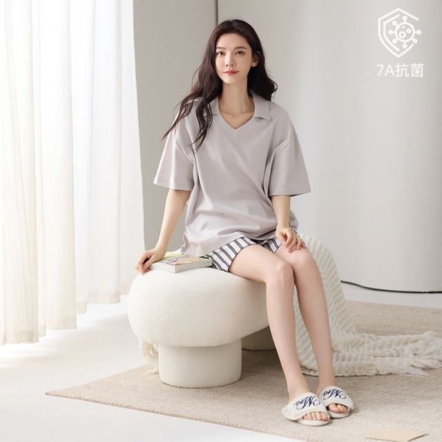 13659273.派邦奴纯棉V领条纹夏季薄款女生短袖可外穿家居服fd
