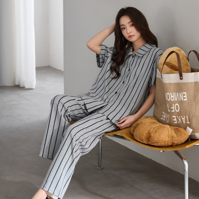 13794002.派邦奴夏秋季新款女士开衫纽扣条纹显瘦睡衣套装ck