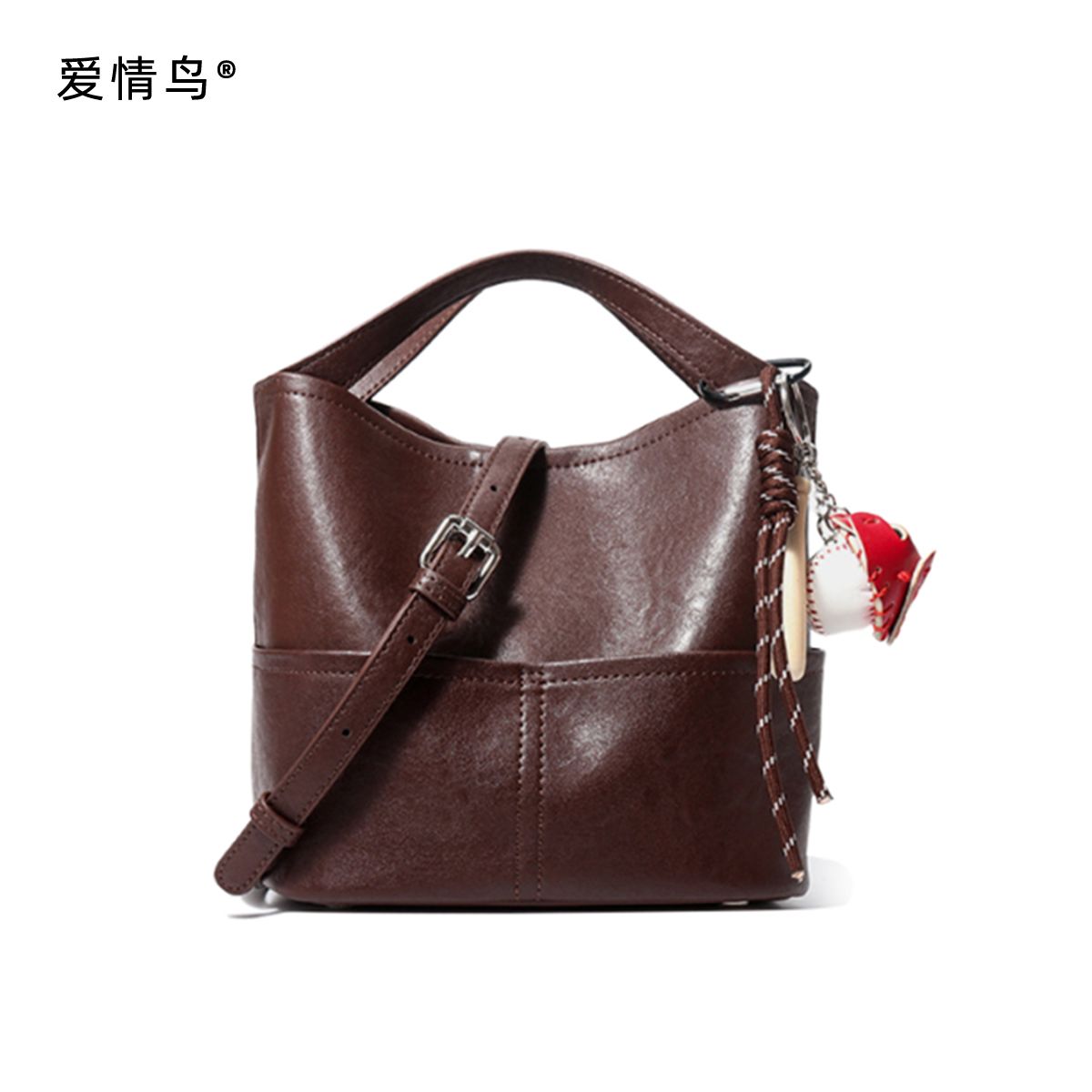 11507906.爱情鸟时尚牛皮水桶包真皮单肩斜挎包大容量手提包女包