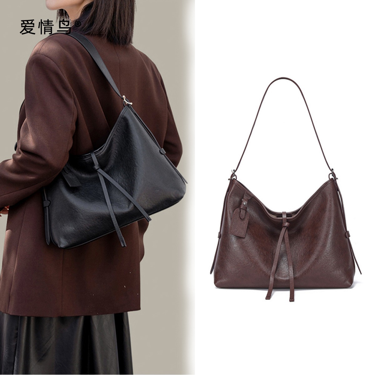 11633560.爱情鸟头层植鞣牛皮大容量托特女包真皮小众设计单肩腋下斜挎包