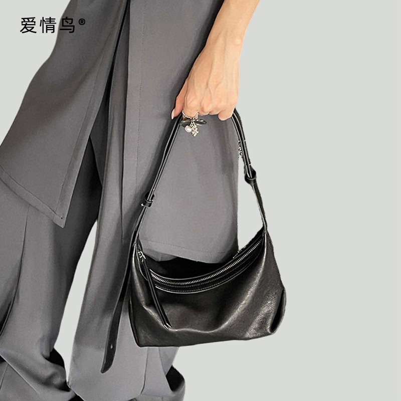 11674157.爱情鸟真皮女包hobo包松弛感慵懒包包牛皮单肩斜挎包