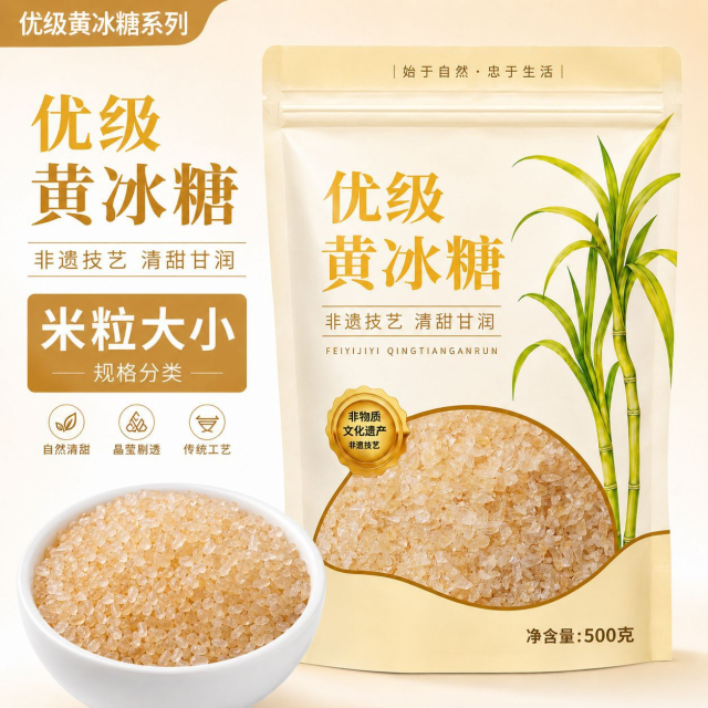13672648.无添加优级黄冰糖纯甘蔗汁熬制小粒老式多晶体冰糖米粒老冰糖500克袋装