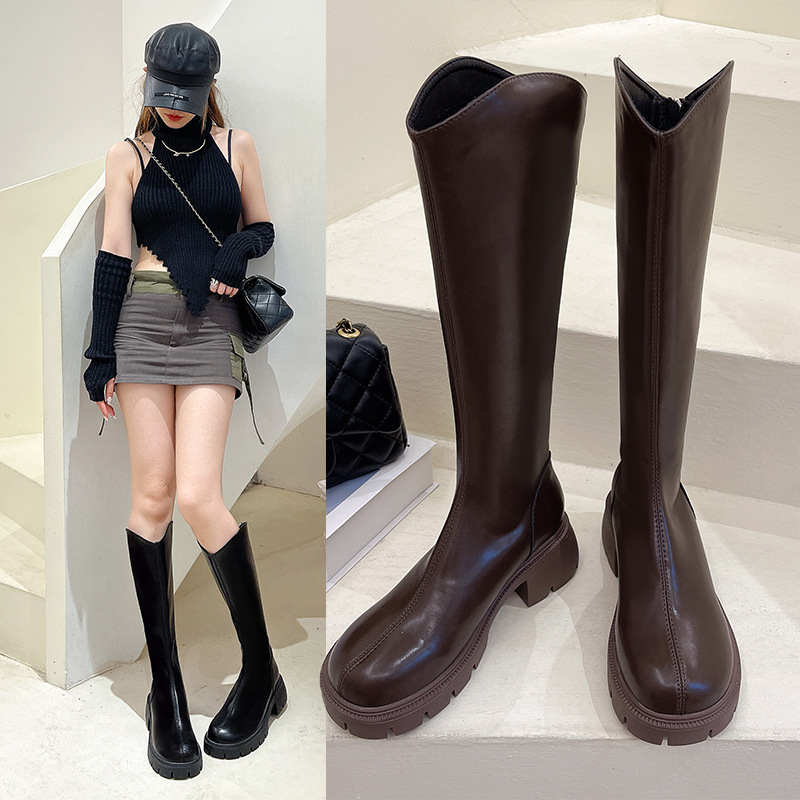 11351171.胖MM加肥女厚底长靴棕色靴V口短靴骑士靴长筒靴