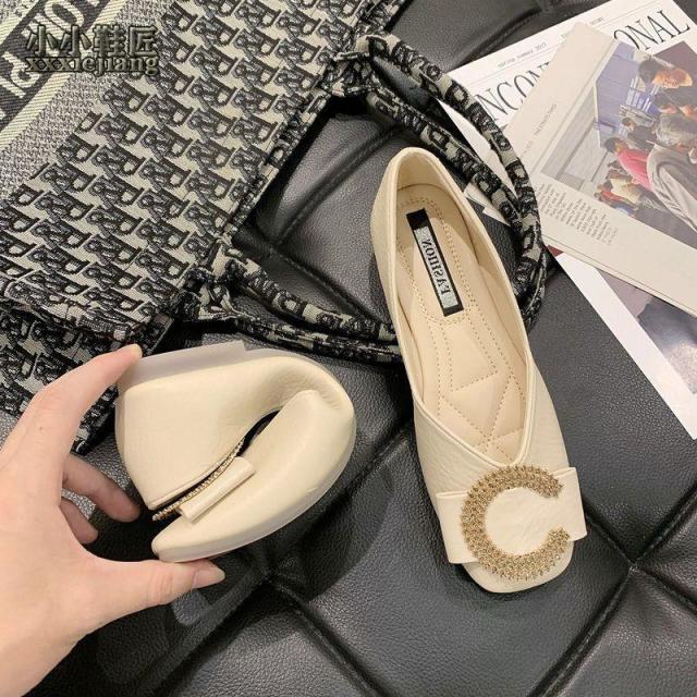 11914418.配裙子的单鞋女春方头浅口孕妇防滑平底鞋水钻瓢鞋