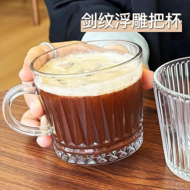 12326995.【5件装】玻璃杯带把手家用早餐杯浮雕水杯高颜值咖啡杯伴手礼杯子