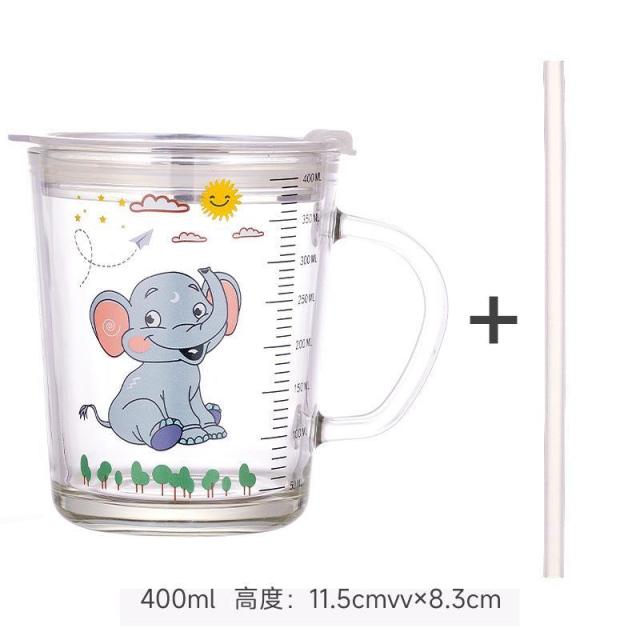 12326987.杯大容量早餐杯燕麦小象400ml带刻度带盖吸管儿童玻璃水杯
