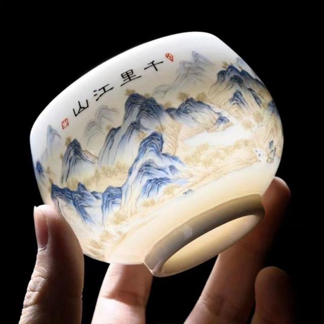 12326994.羊脂玉茶盏千里个人江山品茗专用主人茶杯大号白瓷古代