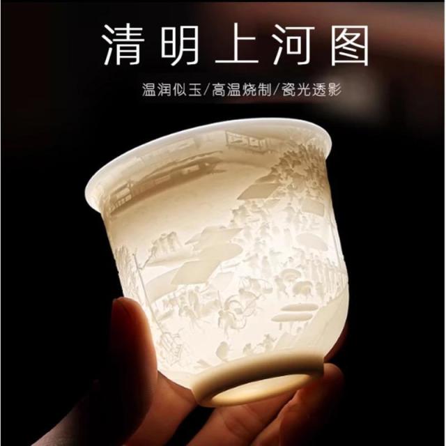 12327020.【2件装】德化羊脂玉白瓷茶杯清明上河图品茗主人杯茶盏单杯