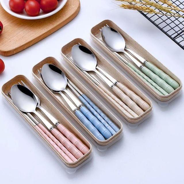 12590235.不锈钢便携餐具三件具筷子勺子叉子食品级上班族单人盒装
