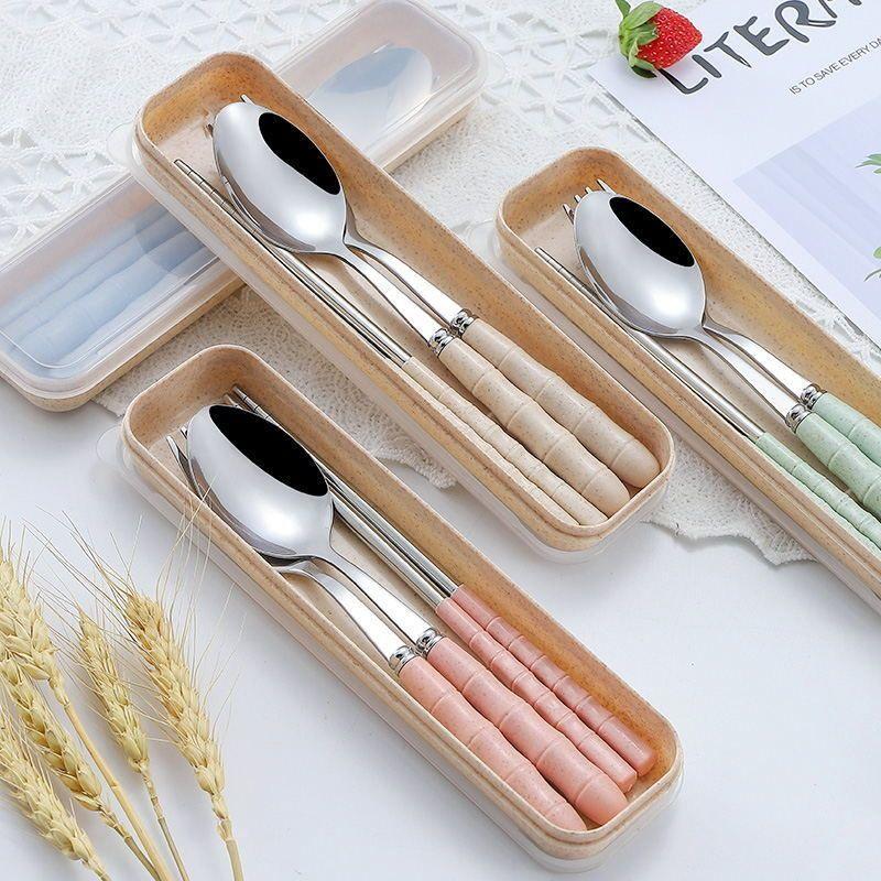 12590235.不锈钢便携餐具三件具筷子勺子叉子食品级上班族单人盒装