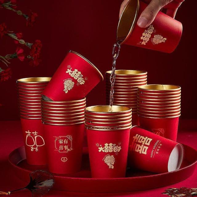 12592913.结婚纸杯一次性杯子加厚金箔婚礼婚宴喜杯水杯家用红色婚庆茶杯红