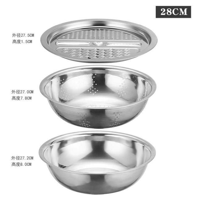 12591364.不锈钢刨丝盆三件套家用厨房洗米筛沥水洗菜盆刨丝盘>厨用小工具