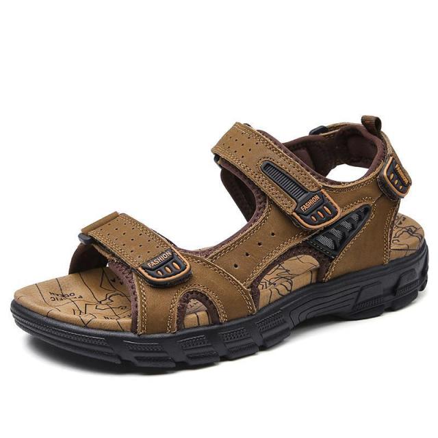 12183918.夏季凉鞋男厚底露趾头层牛皮男士沙滩鞋软底时尚大码户外休闲鞋子