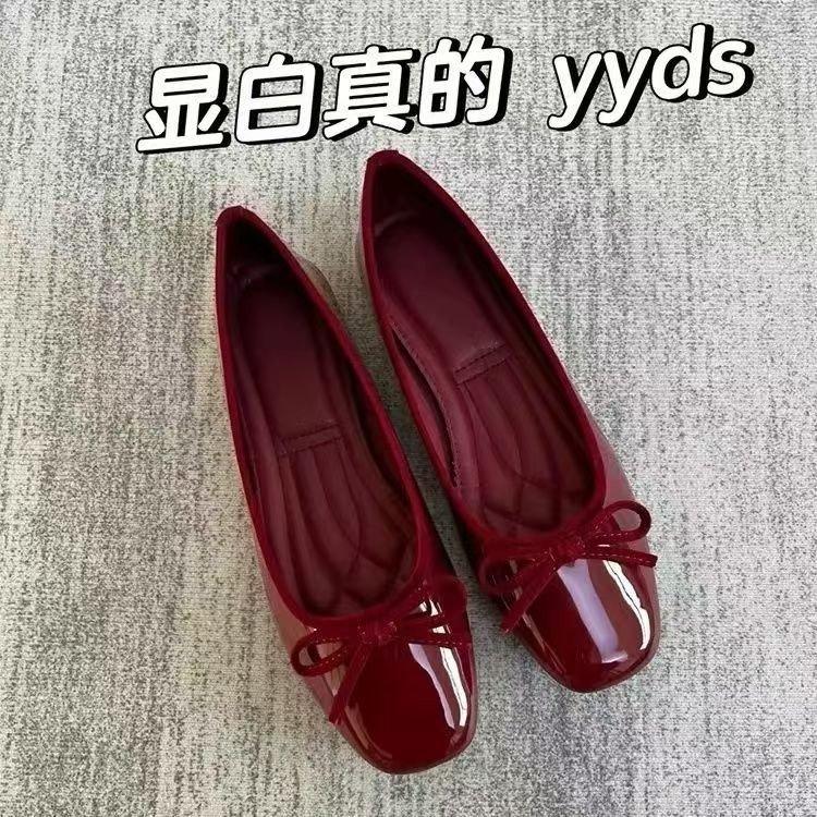 13518530.软皮浅口单鞋软底平底方头法式蝴蝶结红色女鞋晚晚奶奶鞋