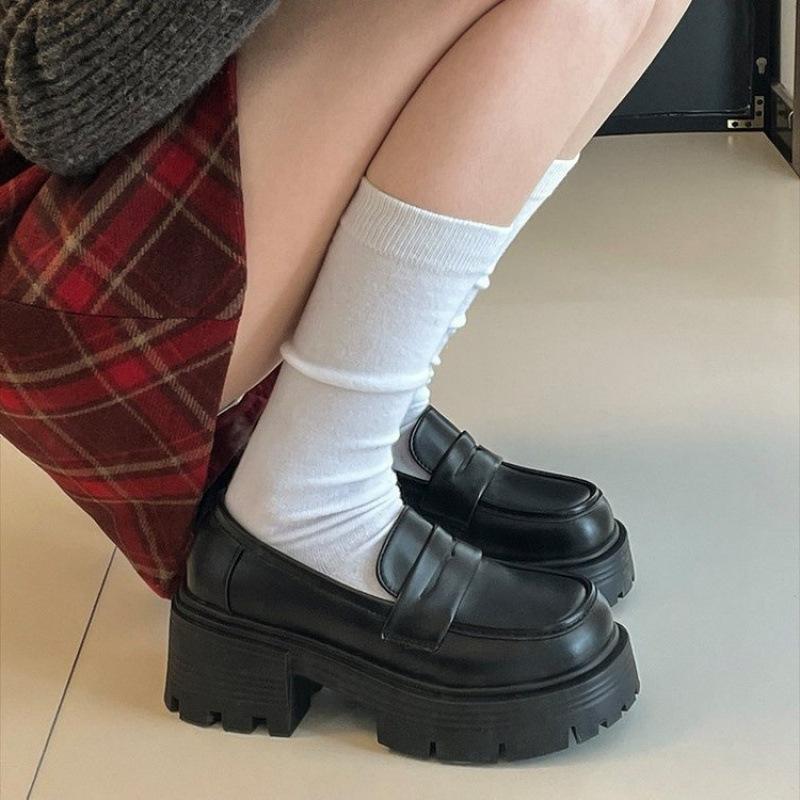 12605499.黑色厚底复古英伦风女春季百搭一脚蹬单鞋