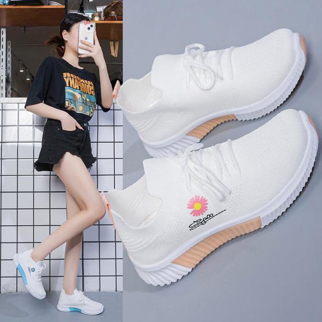 12604959.秋季休闲鞋小雏菊小白鞋飞织女鞋透气女休闲鞋